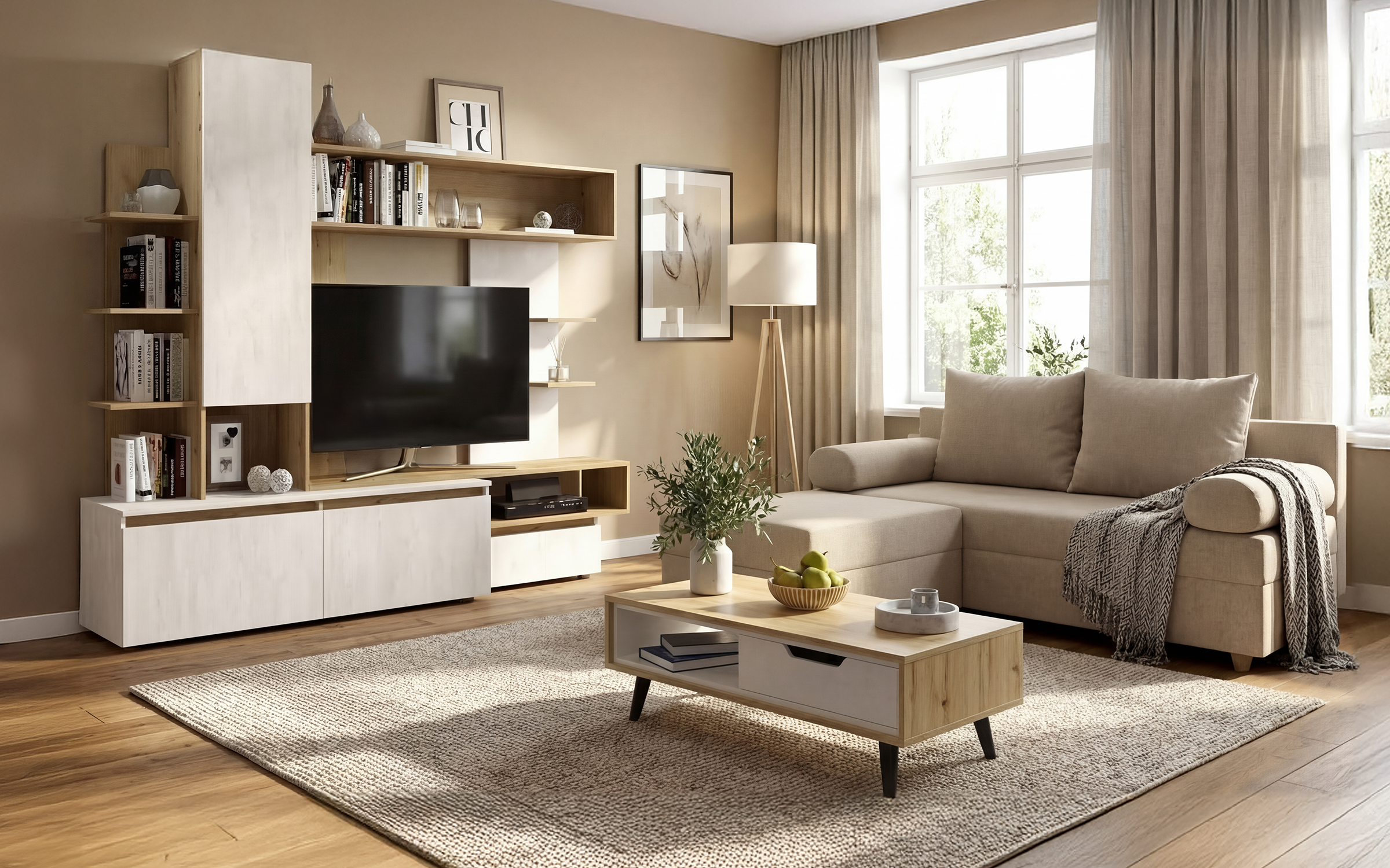 Set living Morano, bej deschis + stejar evoc + Silk  1